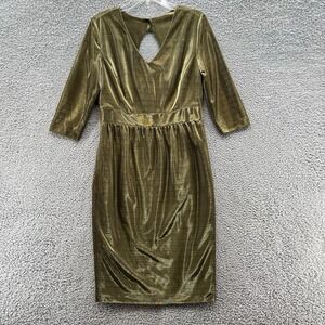J Peterman Dress 10 Gold Metallic Sparkle Lame Pleated Elegant Party Midi Sheath